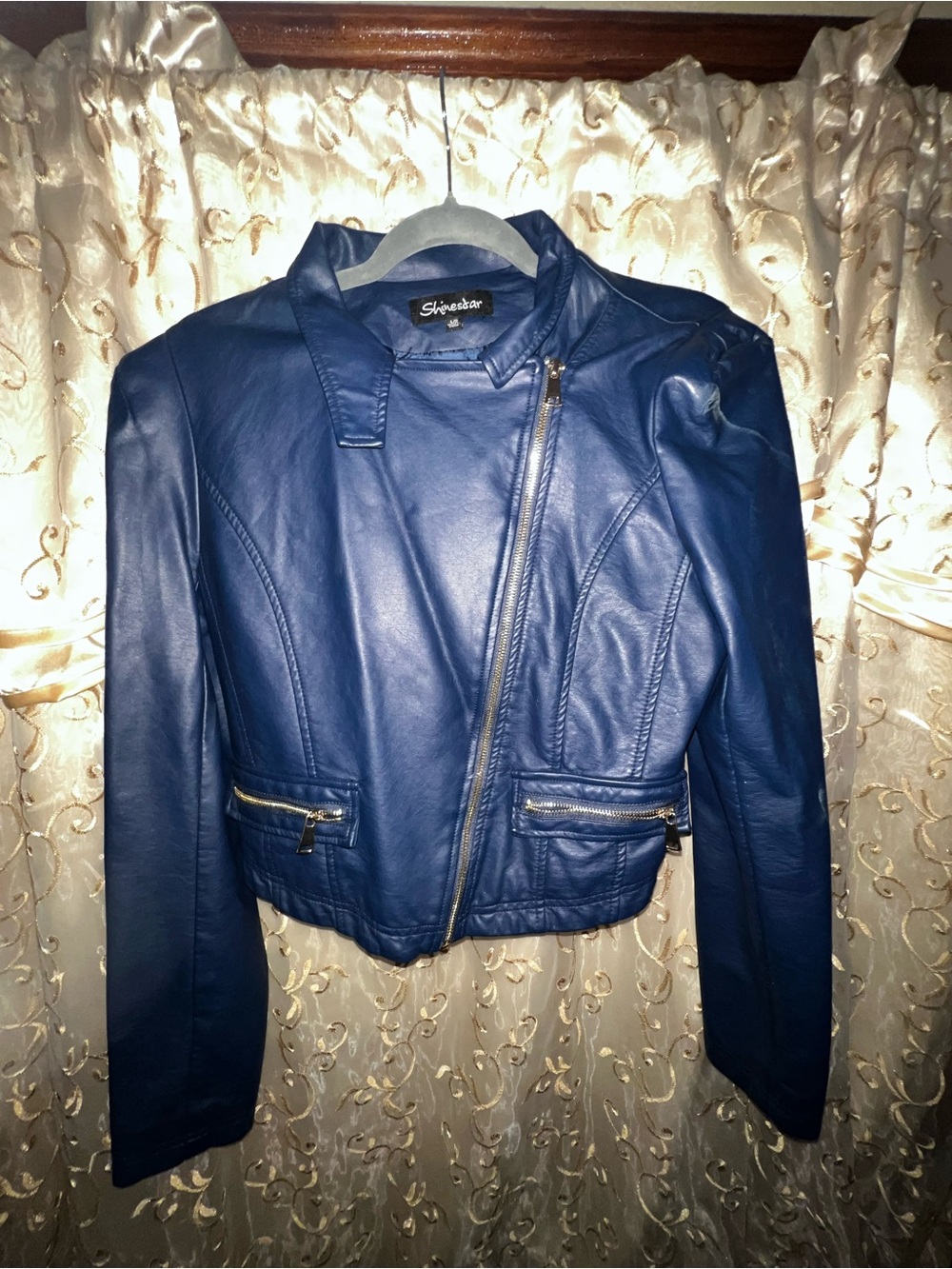 Shinestar Women's Blue Faux Leather Moto Jacket with Asymmetrical Zip